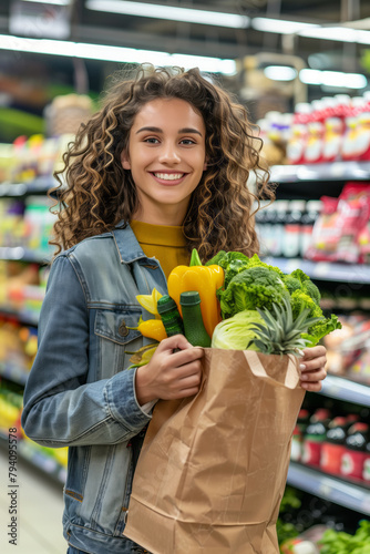 Happy, beautiful young woman with a paper bag filled with vegetables in supermarket. Shallow depth of field