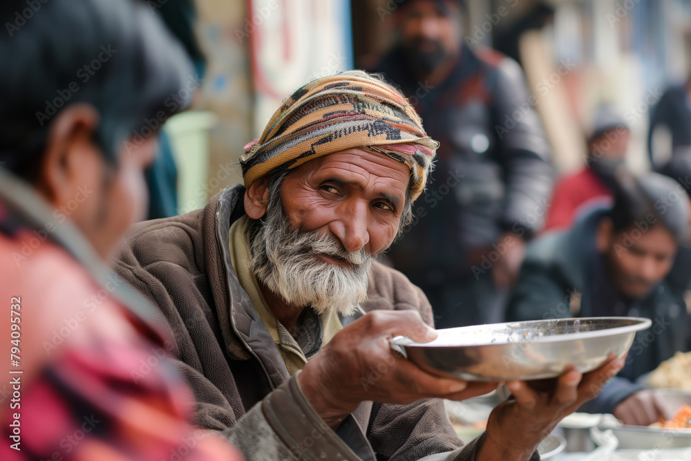 Portrait of a homeless elderly man with a plate of food at the shelter. Shallow depth of field