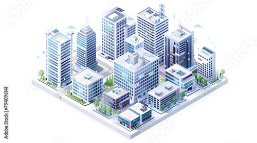 Isometric Cityscape  A Thriving Tech Hub of Start-Up Office Buildings and Coworking Spaces