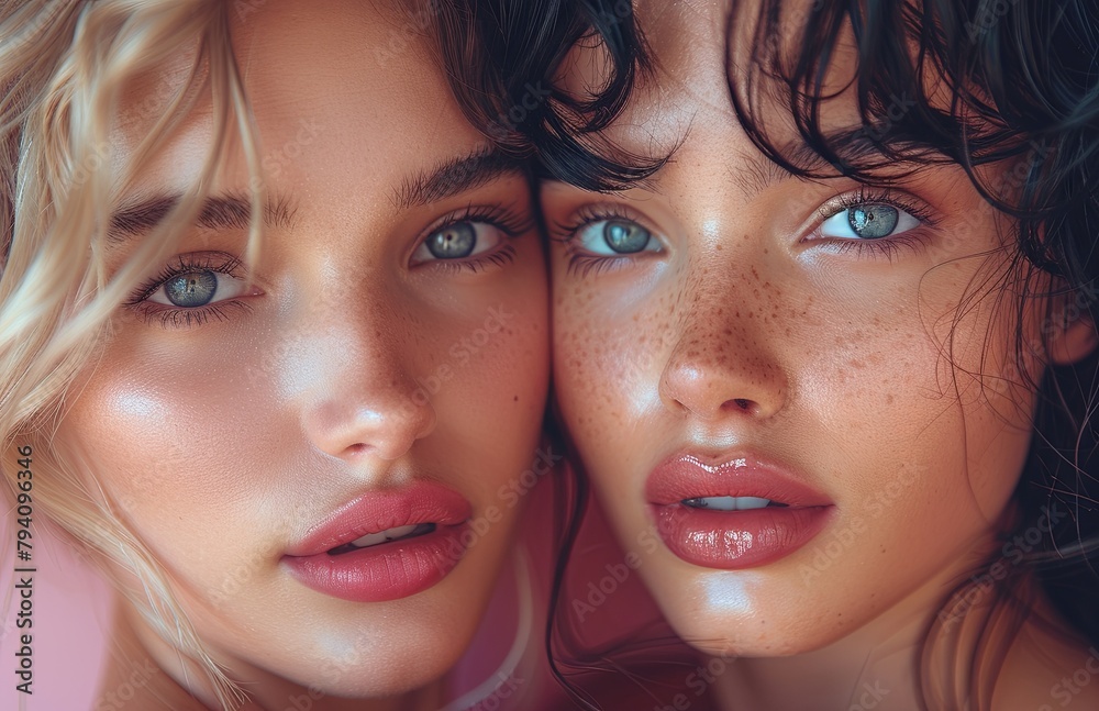 Blonde and brunette women with diverse skin tones embrace, kissing, against pink backdrop Blonde and brunette women with diverse skin tones embrace, kissing, against pink backdrop