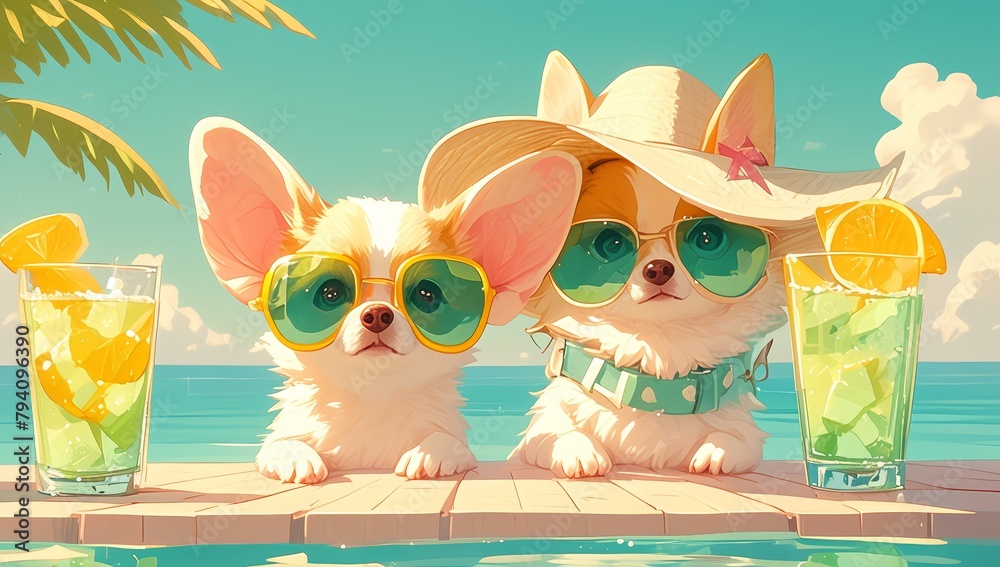 Two cute chihuahuas wearing sun hats and sunglasses, sitting at the table with two glasses of lemonade in front of them. 