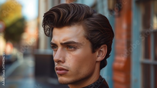 A young man brunette with a pompadour volume haircut on the 1950s - 1960s. This is a real photo of retro hairstyle for barbershops from the 1950s - 1960s. photo