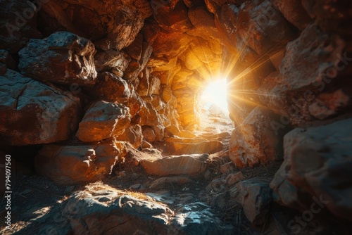 Empty tomb with stone rocky cave and light rays bursting from within. Easter resurrection of Jesus Christ. Christianity, faith, religious, Christian Easter concept photo