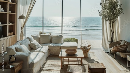 Seaside Living Room With Relaxing White Sofas And Wooden Table And Chair And All Necessities photo