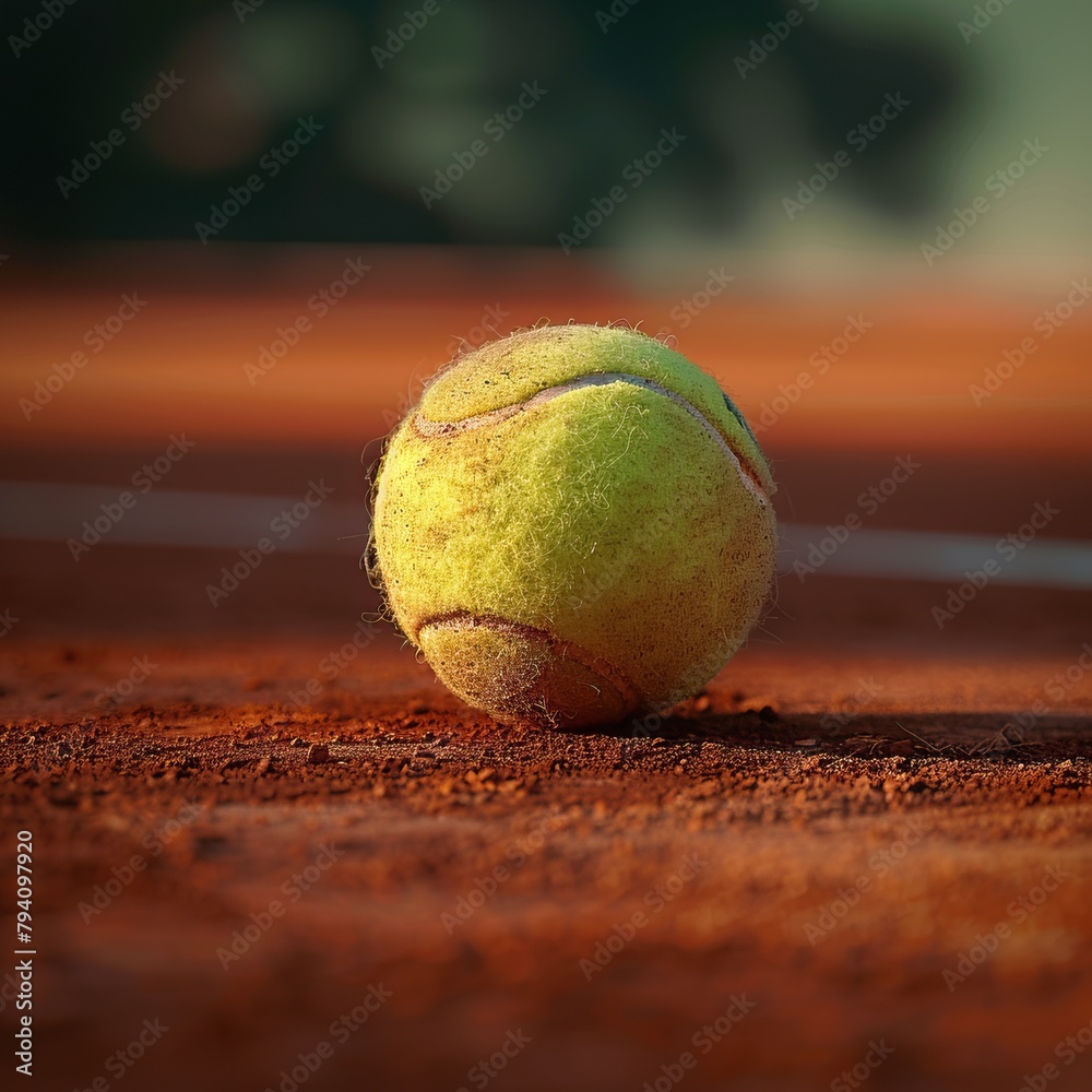 A close up of a tennis ball on a clay court