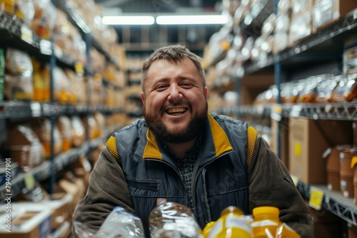 Employee with Down syndrome working in store, looking joyful and smiling. Happy man with intellectual disability working as warehouse worker, sales assistant photo