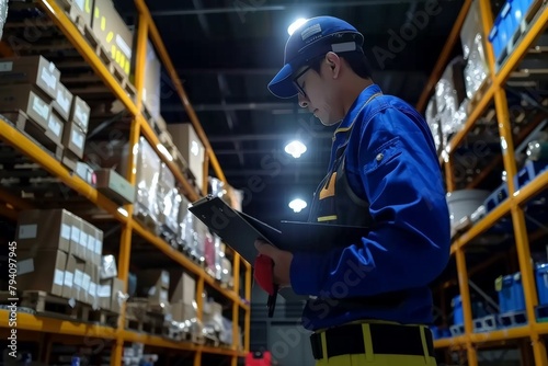 wholesale, logistic business and people concept - manual worker and businessman with clipboards at warehouse. Beautiful simple AI generated image in 4K, unique.