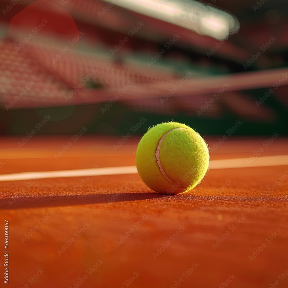 A close up of a tennis ball on a clay court with the net and stadium in the background.