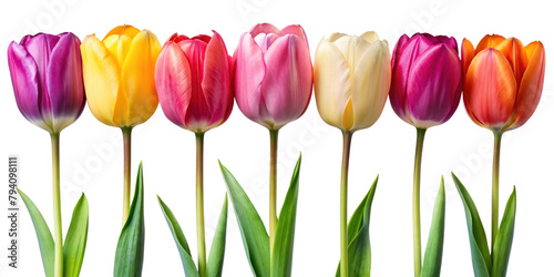 Colorful Tulip flowers in Row of isolated cutout object on transparent background. closeup