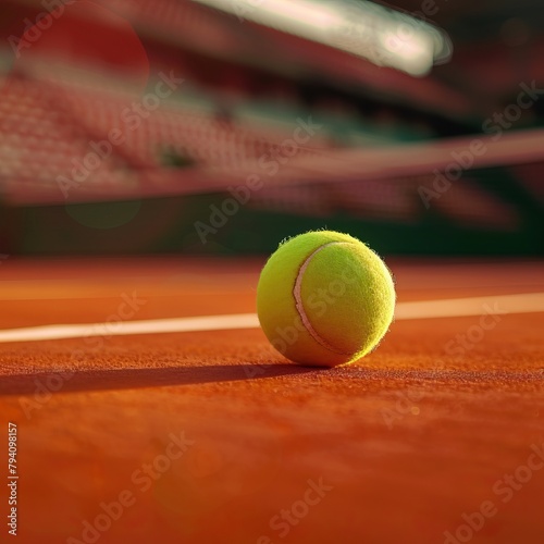A close up of a tennis ball on a clay court with the net and stadium in the background.