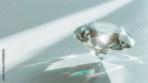 A single  oversized diamond facet on a stark white background  its sharp edges and brilliant reflection creating a minimalist and abstract composition  suitable for a luxury brand advertisement.