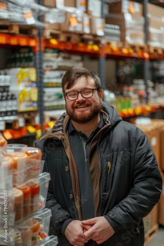 Employee with Down syndrome working in store, looking joyful and smiling. Happy man with intellectual disability working as warehouse worker, sales assistant