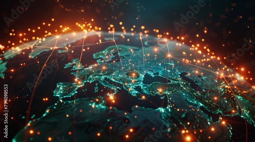 A network of glowing lines forming a globe, with hotspots pulsating throughout, symbolizing global Wi-Fi connectivity in an abstract form, suitable for an international internet service provider ad. 
