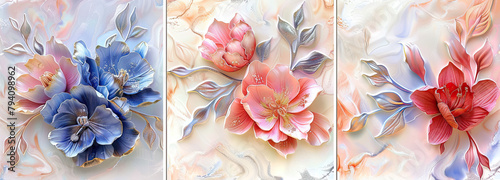 Vivid Floral Triptych: 3D Art on Marble Background, triptych wall art print - Generated with AI