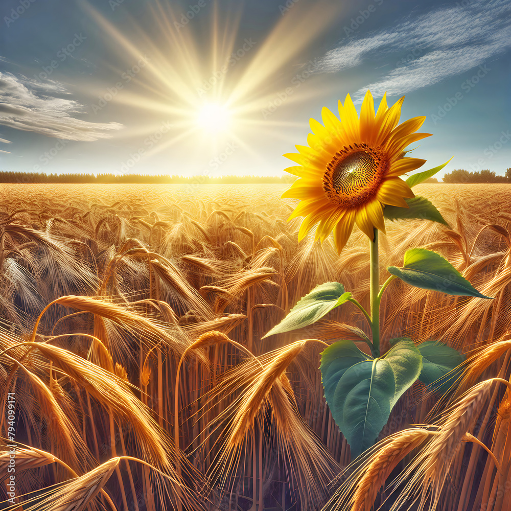 Fototapeta premium A lone sunflower stands tall amidst a field of golden wheat under a clear sky with the sunburst creating a radiant effect 