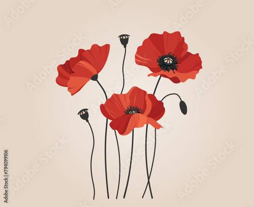 Three bright red poppies on a neutral beige background, creating a simple composition. Vector illustration for Remembrance Day or Victory Day.