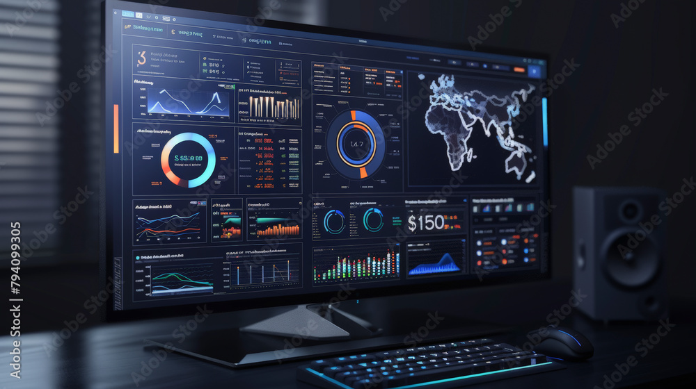 Modern computer workstation with multiple displays showing graphs, data analytics, maps, and financial information in a dark room. Modern computer workstation with multiple displays showing graphs, data analytics, maps, and financial information in a dark room.