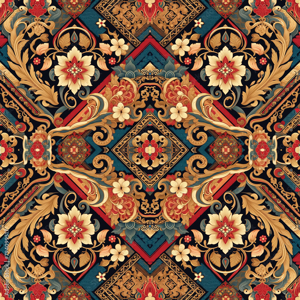 seamless pattern featuring an ethnic textile design inspired by Asian culture.