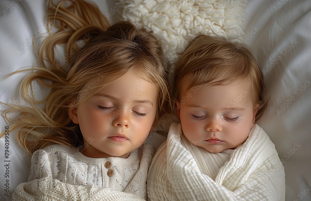 Young girl peacefully rests beside newborn sibling, sharing tender moments in their cozy bed Young girl peacefully rests beside newborn sibling, sharing tender moments in their cozy bed