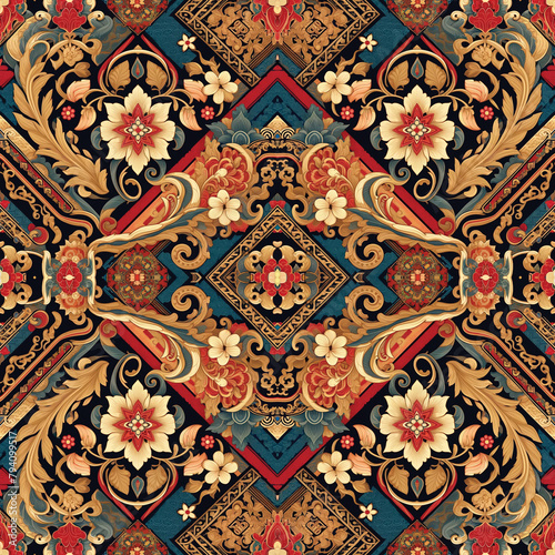seamless pattern featuring an ethnic textile design inspired by Asian culture.