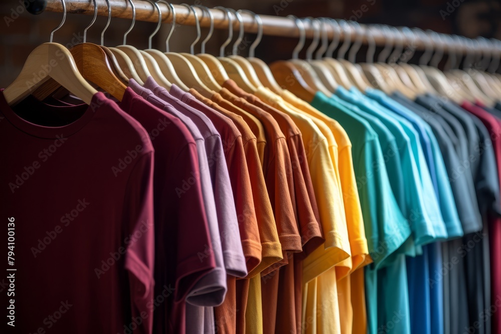 Obraz premium Close up of colorful t-shirts on hangers for man, apparel background. Variety of colors of mens t-shirts. Gray, black, white, olive, green, blue, burgubdy. High quality photo