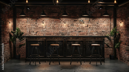 A brick wall with a bar and four stools