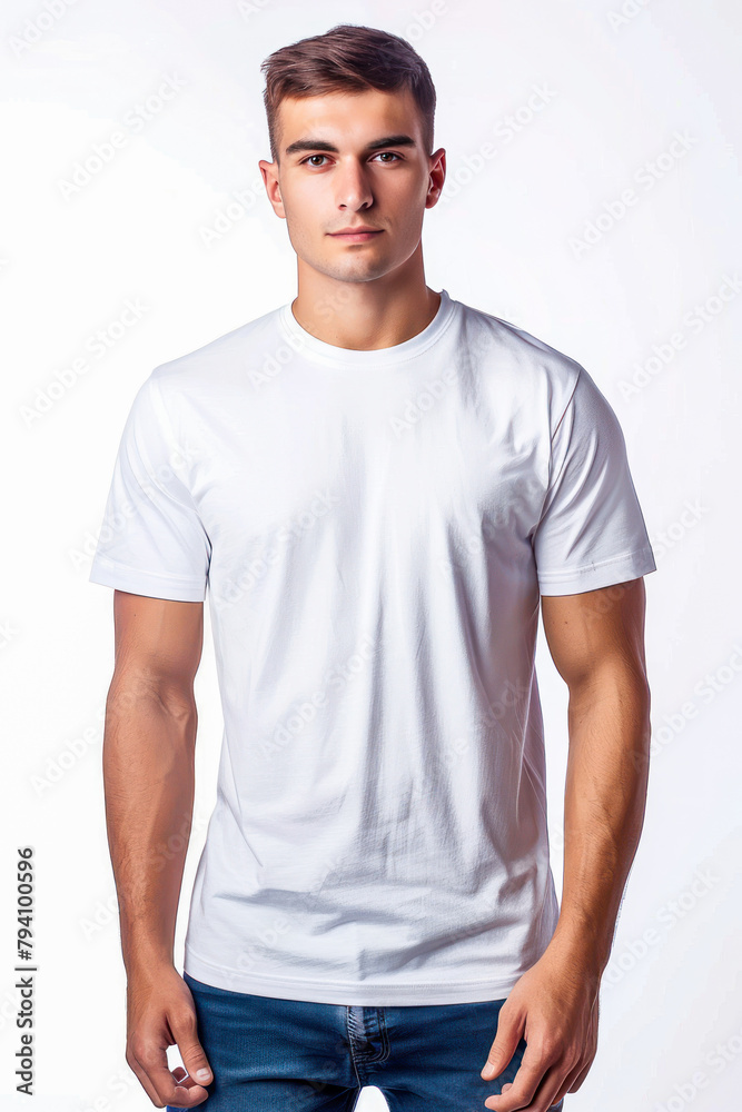 Obraz premium Man wearing white t-shirt isolated on white background, closeup. Mockup for t-shirt design or print. T-shirt template