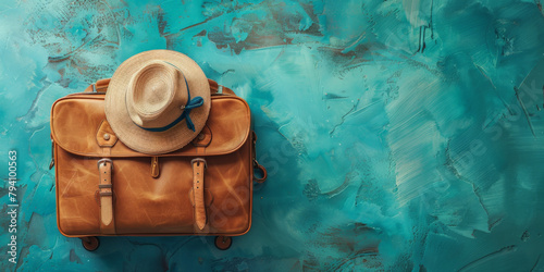 A vintage leather suitcase with a stylish straw hat on top, set against a textured blue background suggesting travel.