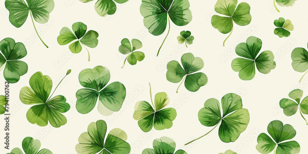 A pattern of variously sized green clover leaves spread across a light background, symbolizing luck or St. Patrick's Day.