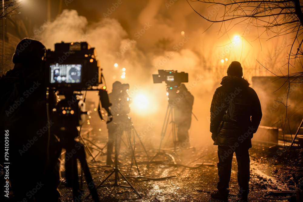 Fototapeta premium Film crew shooting a night scene with atmospheric fog