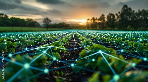 A field of crops with a glowing network of connections between the plants.