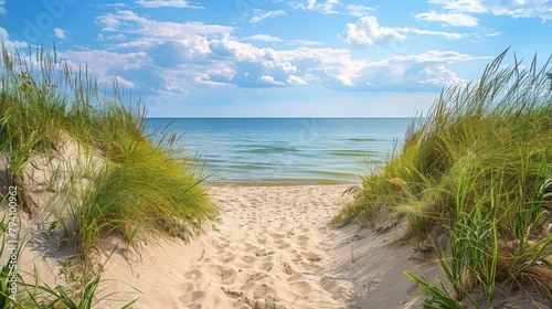 A sandy path leading to the shore of Lake Michigan  with dunes and grasses on either side  under a blue sky with white clouds. 