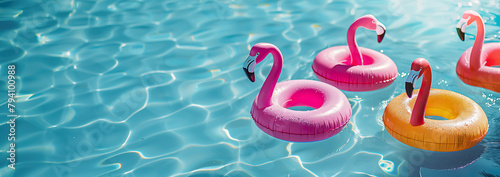 Colorful famingo rubber ring floting on tropical sea beach in fresh moody.for summer wallpaper design background.holiday activity relaxation