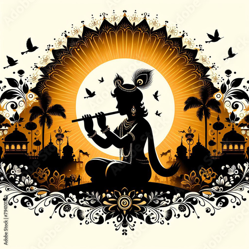 Happy Janmashtami festival with Lord Krishna playing flute silhouette  photo