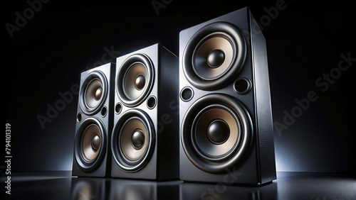 Black background with black stereo speakers, music equipment illustration