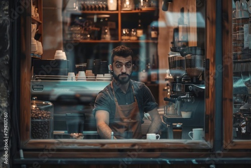 A barista in a coffee shop window