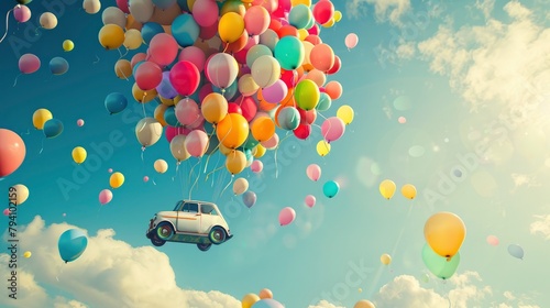 A small car is flying in the sky, surrounded by colorful balloons. The balloon has an air volume of about one million.