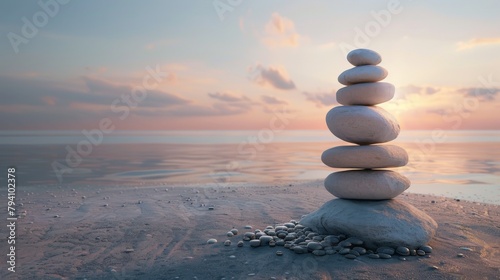 A photo of a stone cairn, built by travelers for good luck, standing tall on a deserted beach at sunset, with the vast expanse of the calm sea stretching out towards the horizon. 
