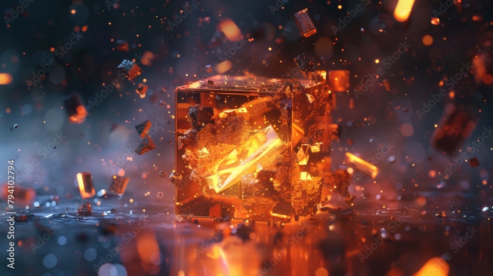 A single glowing digital block shattering into a burst of particles, perfect for a data transfer or download concept. A single glowing digital block shattering into a burst of particles, perfect for a data transfer or download concept.
