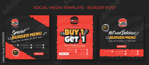 Set of social media post template in red and black background for street food advertising design