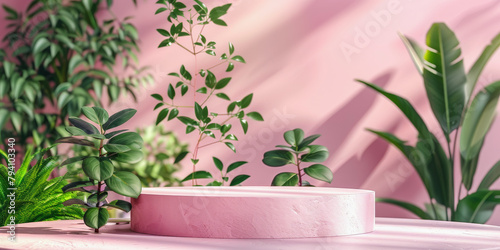 Indoor plants on a pink platform with sunlight casting shadows on a pastel wall, creating a tranquil, aesthetic environment. photo