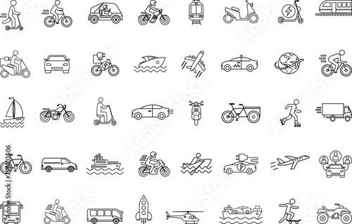 Set of Transport Icons. Vector Icons of Cars, Planes, Helicopters, Trams, Motorcycles, Bicycles, Scooters, Boats, Skateboards, Vans and Others