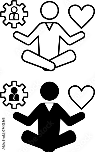 Stress Management Icons. Black and White Vector Icons of Meditating Man. Work-Life Balance. Mental Health. Wellness Concept
