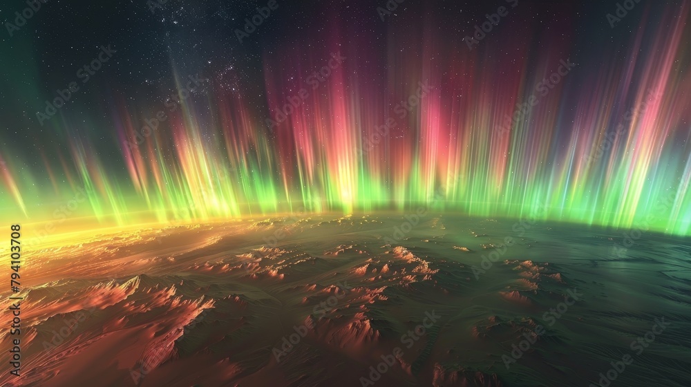 Aurora: A mesmerizing 3D visualization of the aurora australis, with a spectacular array of colors including pink, green, and yellow painting the Antarctic sky