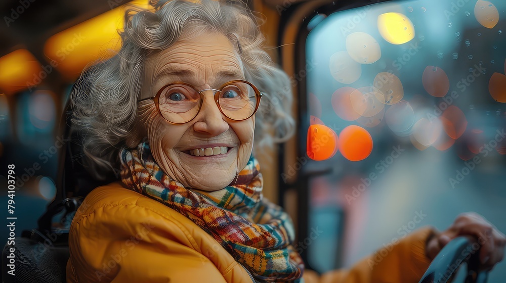 Happy elderly woman demonstrates driver