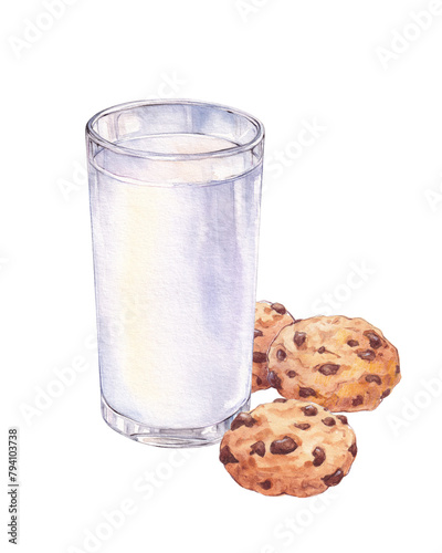 Watercolor glass of milk and chocolate chip cookie, hand drawn breakfast illustration