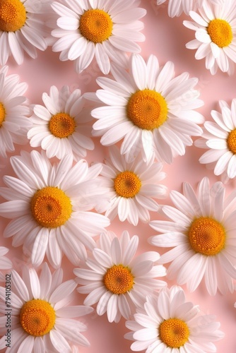 b Close-up of white chamomile flowers on pink background 