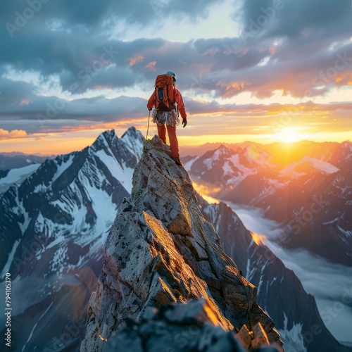 b'A mountain climber reaches the summit of a mountain and looks out at the view'