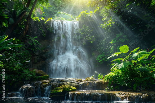 Lush tropical rainforest landscape  waterfall cascading among vibrant green foliage  sun rays piercing through the mist  serene nature scene