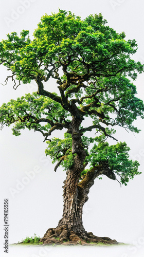 Majestic old oak tree isolated on white background  detailed texture visible on trunk and leaves  ideal for environmental themes
